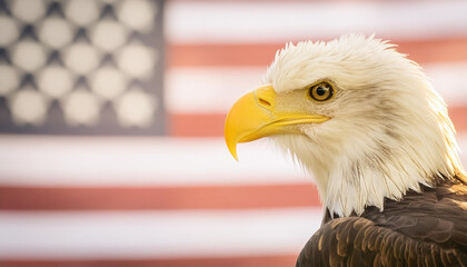 Naklejka premium Patriotic banner with bald eagle, blurred background of american flag