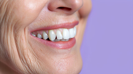 Close up white elderly female teeth, healthy woman smile mouth. Dental clinic patient, teeth whitening illustration, healthy gums banner, stomatology ad concept, space for your text.