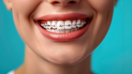 Obraz premium Close up white female teeth with braces, healthy woman smile mouth. Dental clinic patient, correction