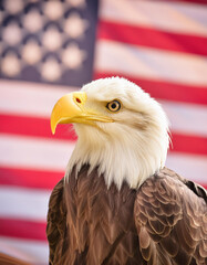 Naklejka premium Patriotic banner with bald eagle, blurred background of american flag