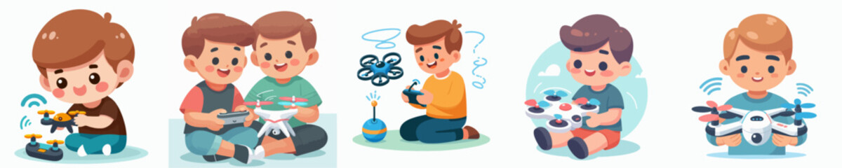 vector set of happy kid playing drone