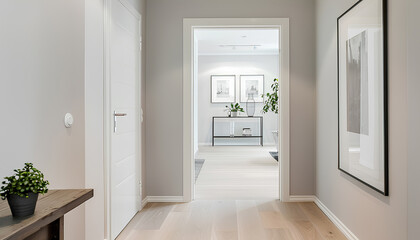 White walls, modern hall, there is a picture frame on the wall,
