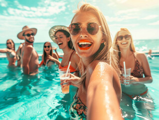 Selfie portrait of a group of friends in a swimming pool, smiling and holding drinks. Party people dancing and enjoying on resort beach pool sunny disco, trendy fashionable.