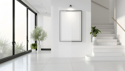 White walls, modern hall, there is a picture frame on the wall,