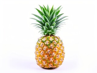 A ripe pineapple with a green crown of leaves sits on a clean white surface..