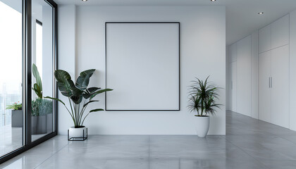 White walls, modern hall, there is a picture frame on the wall,