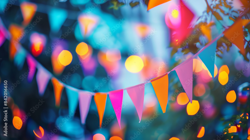 Poster string of colorful flags is hanging in the foreground with colorful lights blurred in the background
