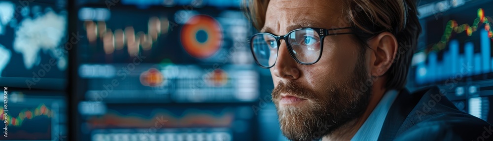 Poster focused businessman in glasses analyzing financial data on multiple screens in a modern office with 