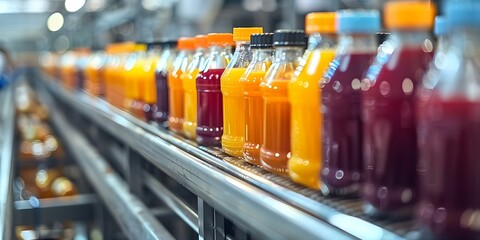 Fruit Juice Production Line on Conveyor Belt in a Beverage Factory. Concept Industrial machinery, Food production, Conveyor system, Manufacturing process, Beverage production