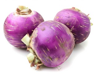 A pile of fresh purple turnips with bright green leaves, isolated on a white background.