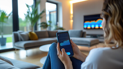 Closeup woman in a modern apartment holding a mobile phone with charts on the screen