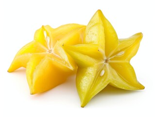 Two ripe star fruits on a white background.