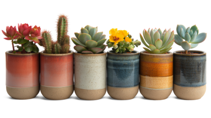 succulent and cactus various type houseplant in ceramic pot, PNG transparent background with shadow