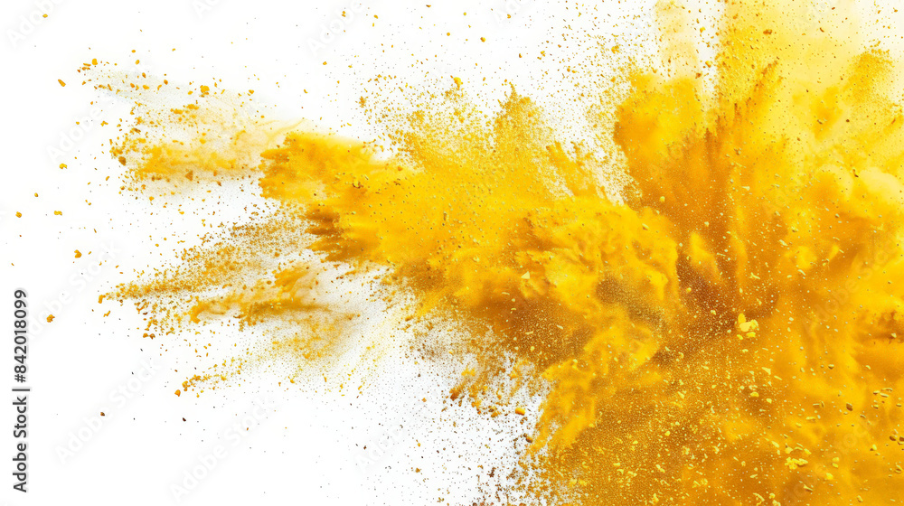 Poster vibrant yellow powder exploding in chaotic burst, creating colorful abstract background perfect for 