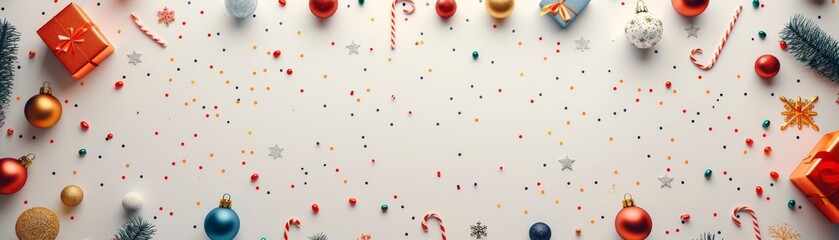 Festive Christmas flat lay with decorations, baubles, and gifts on a white background, perfect for seasonal holiday marketing and design projects.