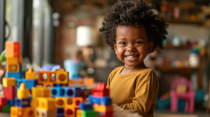 African American little boy playing with colorful educational toys on blurred room background