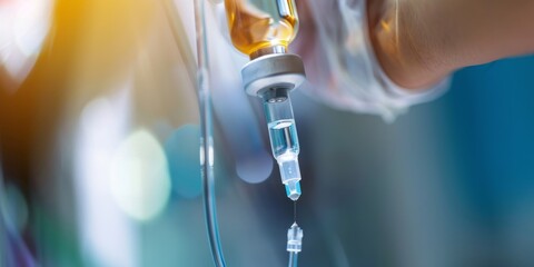 Close-up of an IV drip attached to a patient's arm.