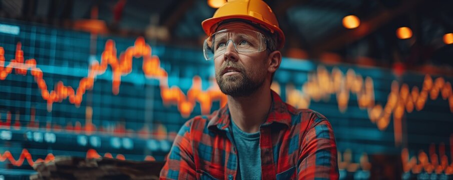 Pensive construction worker with finance pic