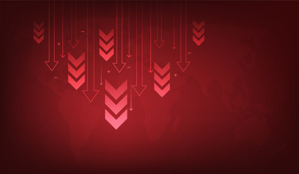 business finance crisis arrow decrease on map red dark background. global economy is bankrupt. loss investment. vector illustration fantastic hi-tech design