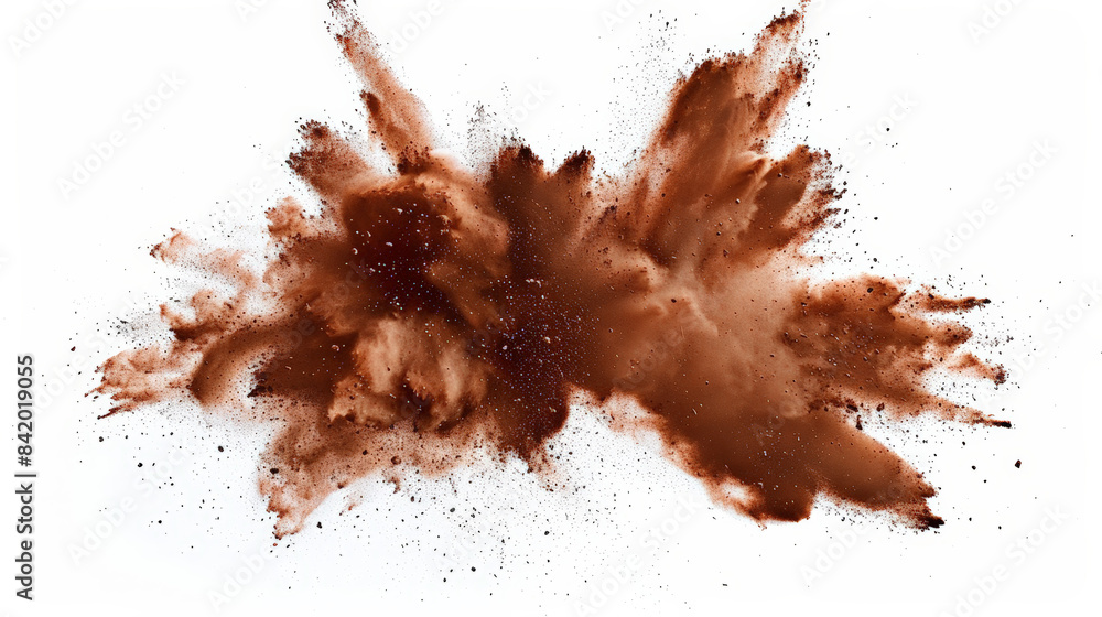 Poster brown powder explodes in a dynamic cloud against a white background, adding chaos and art to designs