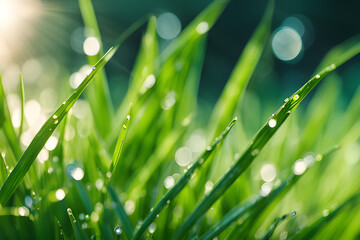 Fototapeta premium grass with dew drops. This image conveys the concept of artistic creation in a dramatic high-contrast style.