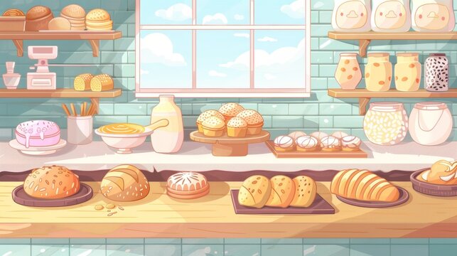 Illustration of a cozy bakery with fresh bread and pastries on display, with a bright window and tiled walls, creating a warm atmosphere.