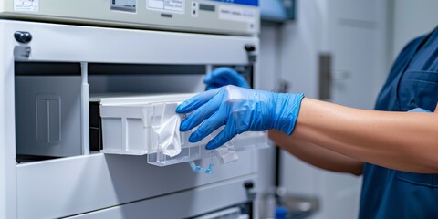 Focus on a medical glove box being opened in a clinic.