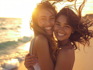 Two beautiful young women smiling on a summer sunset at the beach, they hug each other and enjoying the time together.