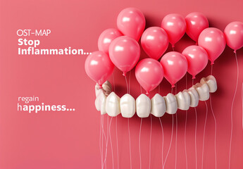 Gums with teeth and text "Ost-map". and text "Stop inflammation regain happiness".Advertisement for orthodontists, dentists, and dental clinics for orthopantomography