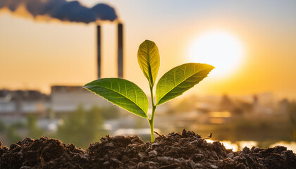 Small plant in soil in foreground with industrial factory and smokestack chimney in background with sunset, environmental and ecology sustainability, copy space