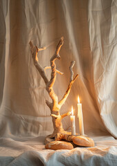A tall baguette bread shaped like a tree candle pot with white long candles on top. Minimal creative food concept.