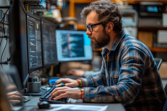 Programmer working in an electronics workshop