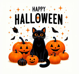 Happy Halloween greeting card or poster with orange pumpkin, black cat and spider.