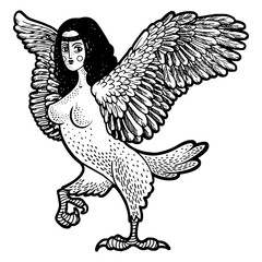 Siren Greek mythical creature sketch engraving PNG illustration. T-shirt apparel print design. Scratch board imitation. Black and white hand drawn image.