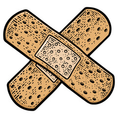 adhesive sticking medical bandage plaster cross color sketch engraving PNG illustration. T-shirt apparel print design. Scratch board imitation. Black and white hand drawn image.