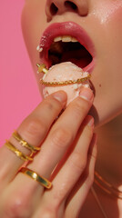 a woman's hand with gold rings eating ice cream.Minimal creative food and jewelry concept.