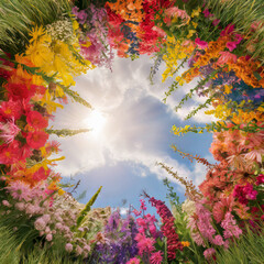 An image of a vibrant and diverse array of colorful wildflowers. They form a stunning circle and each type of flower shows off its unique hue.
