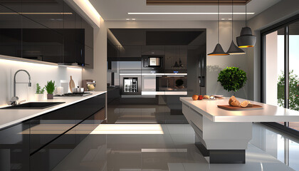 Fototapeta premium Interior of modern kitchen with island, built-in oven and white