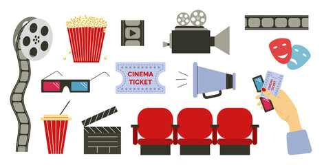 Set of cinema elements. Film reel, popcorn, 3D glasses, clapperboard, movie ticket, loudspeaker, megaphone, soda, theater mask, seats. White background. Vector illustration