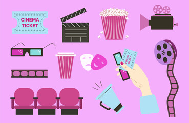 Set of cinema elements. Film reel, popcorn, 3D glasses, clapperboard, movie ticket, loudspeaker, megaphone, soda, theater mask, seats. Pink colors. Vector illustration