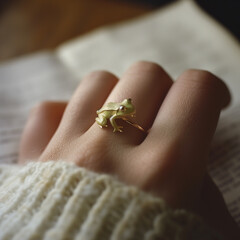 Obraz premium A cute green frog ring on a finger, made from solid gold and yellow enameled paint.Minimal creative fashion and nature concept.