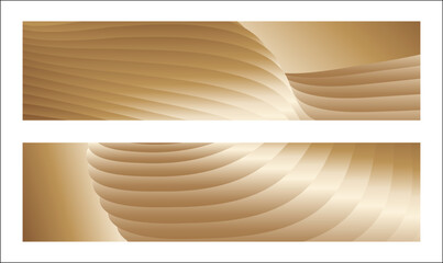 Wavy golden parallel gradient lines, ribbons, silk. Golden with shades of yellow background, banner, poster. Set of 2 backgrounds. Eps vector
