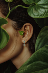  A person's ear is hidden in the leaves of anthuriums, with silver earring visible on their  ear. Minimal creative fashion and nature concept.