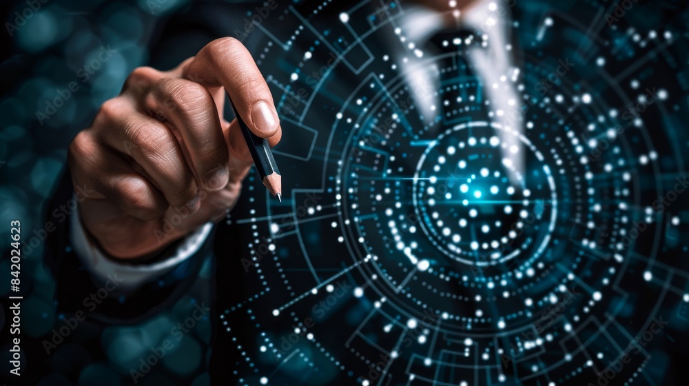 Poster close-up of a hand pointing to a digital interface, illustrating concepts of technology, innovation,