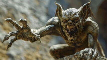 A menacing gargoyle sculpture is poised in an aggressive stance