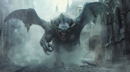 Fototapeta premium A menacing gargoyle-like creature advances through a foggy, Gothic cityscape