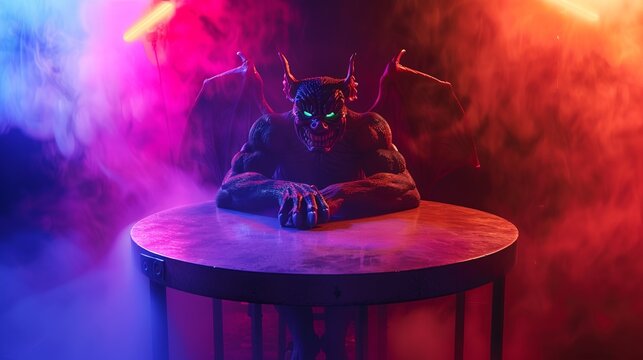 A menacing creature with horns sits at a table surrounded by a haze of dramatic red and blue lighting