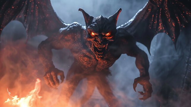 A menacing demon with glowing eyes looms amidst smoke and fire