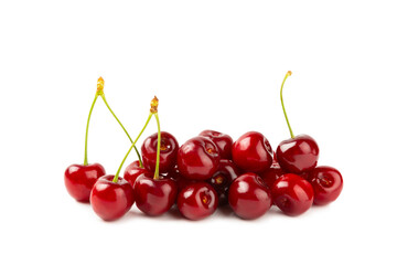 Cherry isolated. Fresh ripe cherries with leaves isolated on a white background.Sweet cherries pile. Berries and fruits. Vegan. Healthy eating.