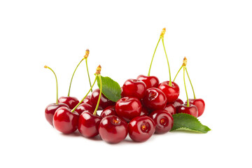Cherry isolated. Fresh ripe cherries with leaves isolated on a white background.Sweet cherries pile. Berries and fruits. Vegan. Healthy eating.